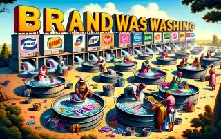 A wide, allegorical illustration of brandwashing using a clothes washing scene. The image shows a vibrant, outdoor setting with several large, old-fas