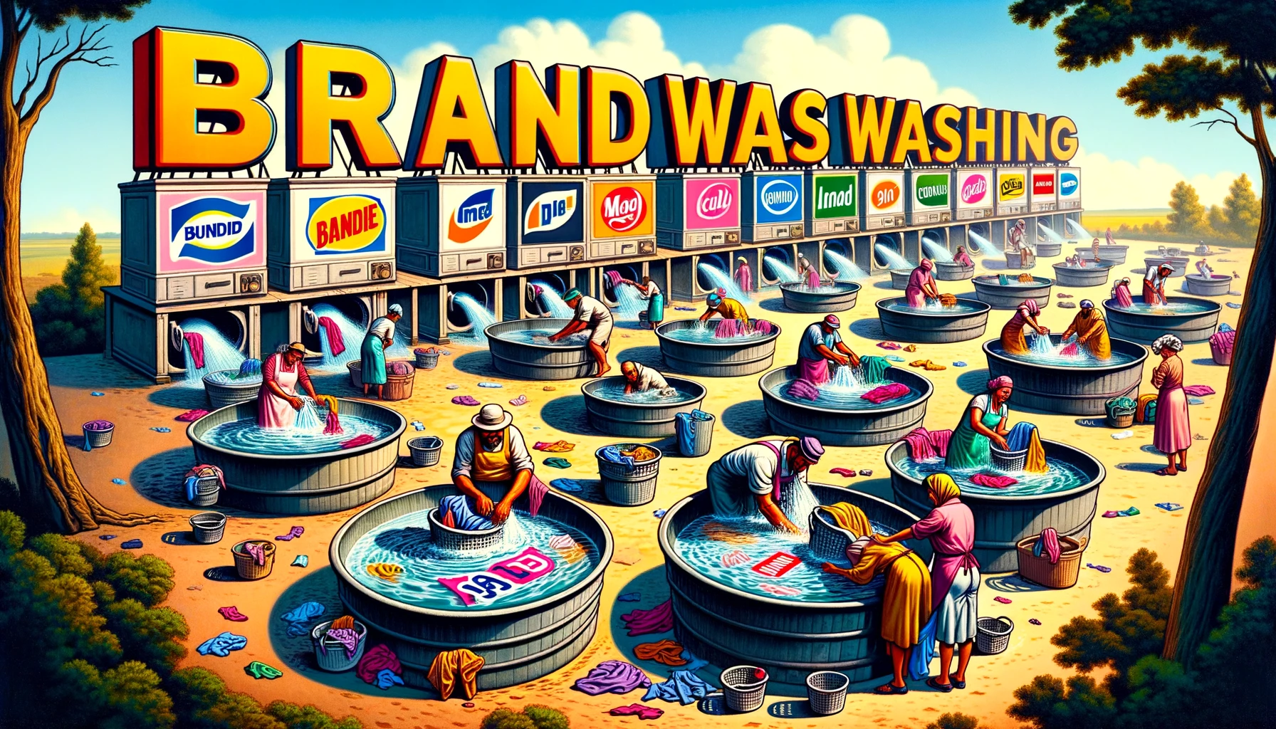 A wide, allegorical illustration of brandwashing using a clothes washing scene. The image shows a vibrant, outdoor setting with several large, old-fas